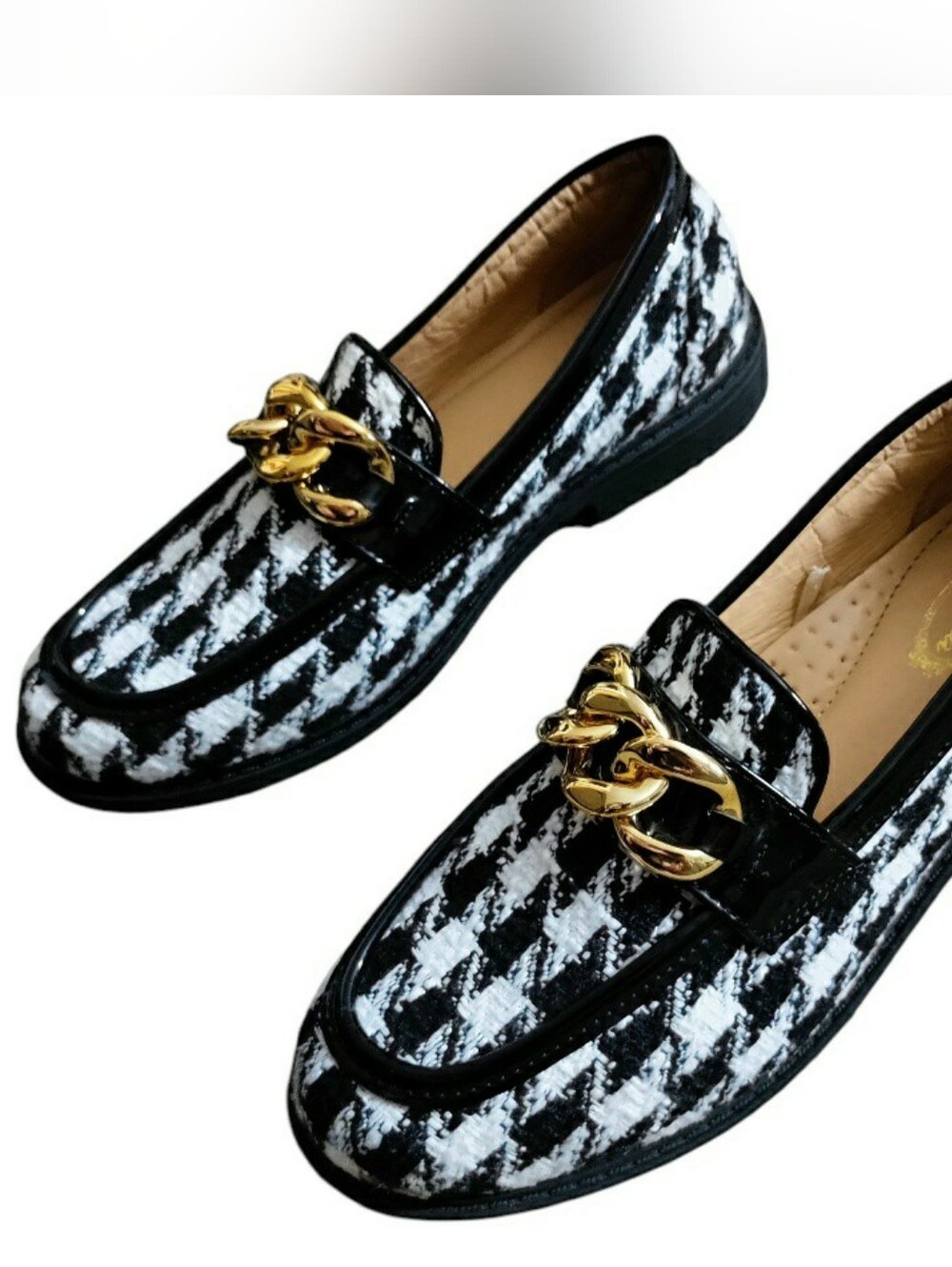 Atalina Houndstooth Loafers Slip On Gold Chain Design Chunky